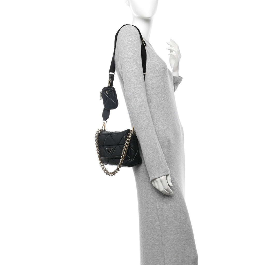 Nappa Re-Nylon Triangle Quilted Patchwork System Flap Shoulder Bag Black
