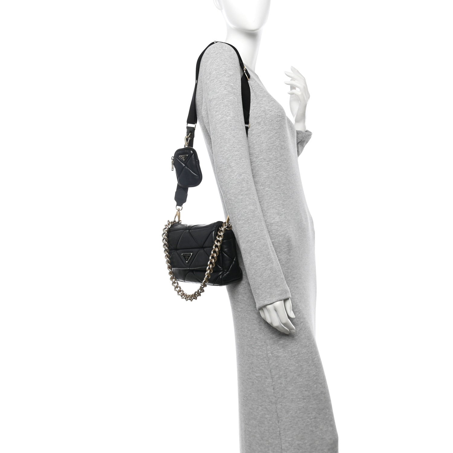 Nappa Re-Nylon Triangle Quilted Patchwork System Flap Shoulder Bag Black