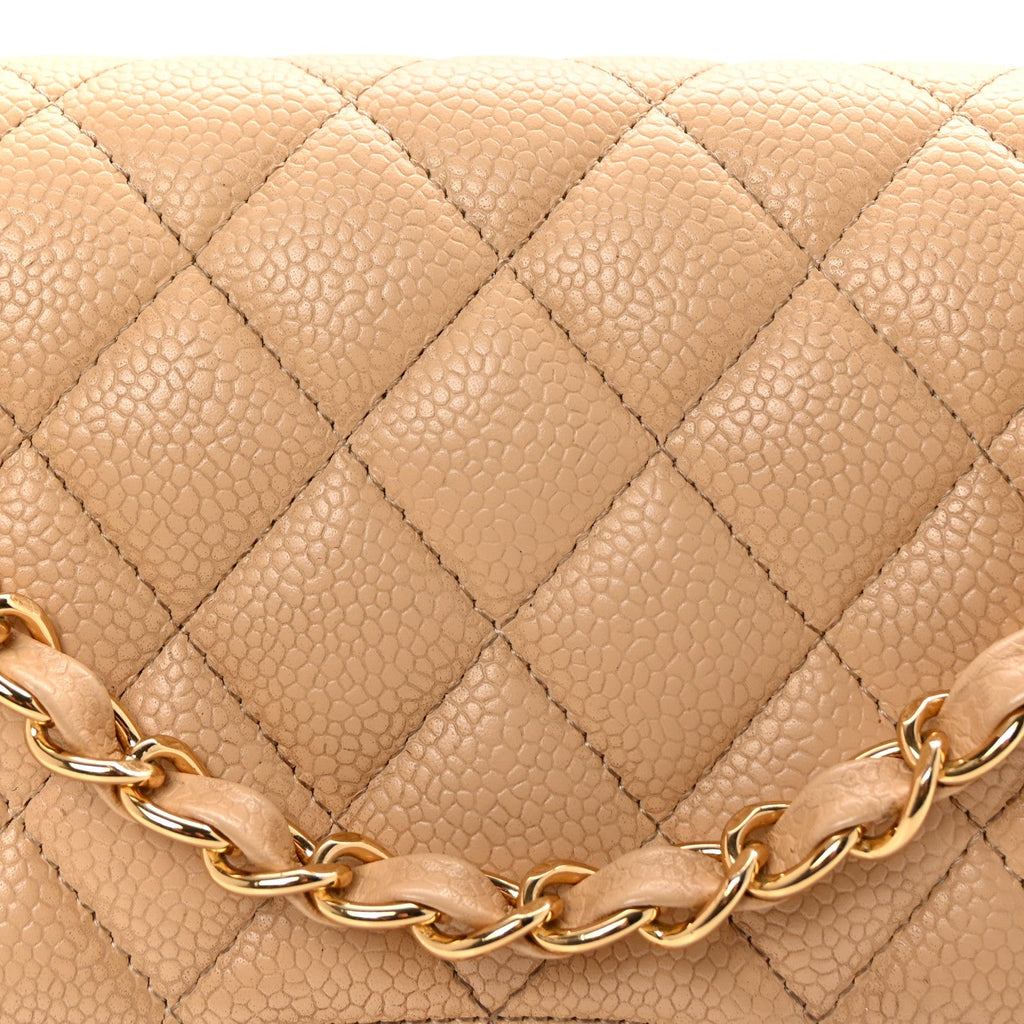 Caviar Quilted Medium Double Flap Beige