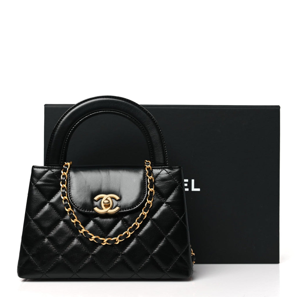 Shiny Aged Calfskin Quilted Nano Kelly Shopper Black