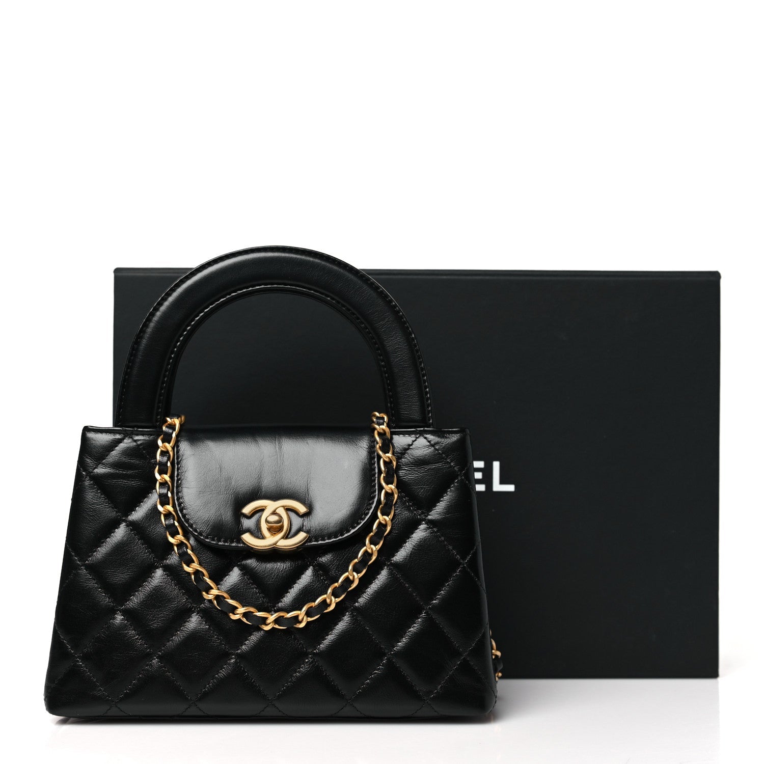 Shiny Aged Calfskin Quilted Nano Kelly Shopper Black
