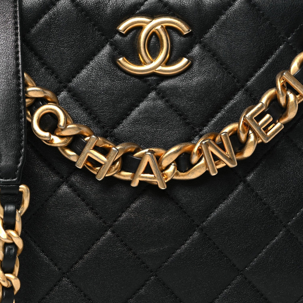 Lambskin Quilted Chaine Lettre Small Bucket Bag Black