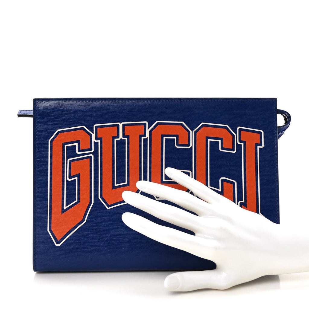 New Shanghai Calfskin Interlocking G Logo Wristlet Pouch Cobalt Blue Orange