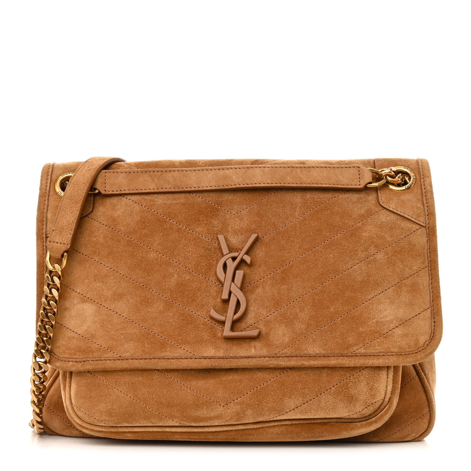 Suede Monogram Medium Niki Chain Satchel Cinnamon