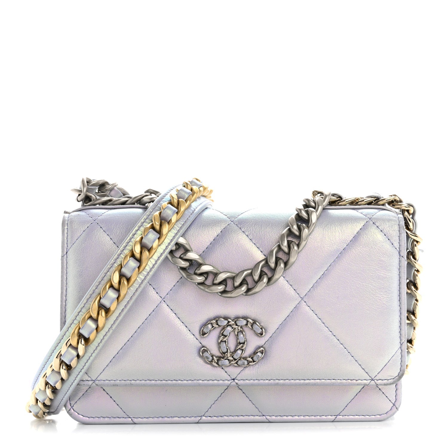 Iridescent Calfskin Quilted Chanel 19 Wallet On Chain WOC Light Purple