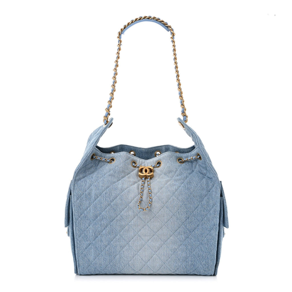 Washed Denim Quilted Medium Chanel 25 Handbag Blue