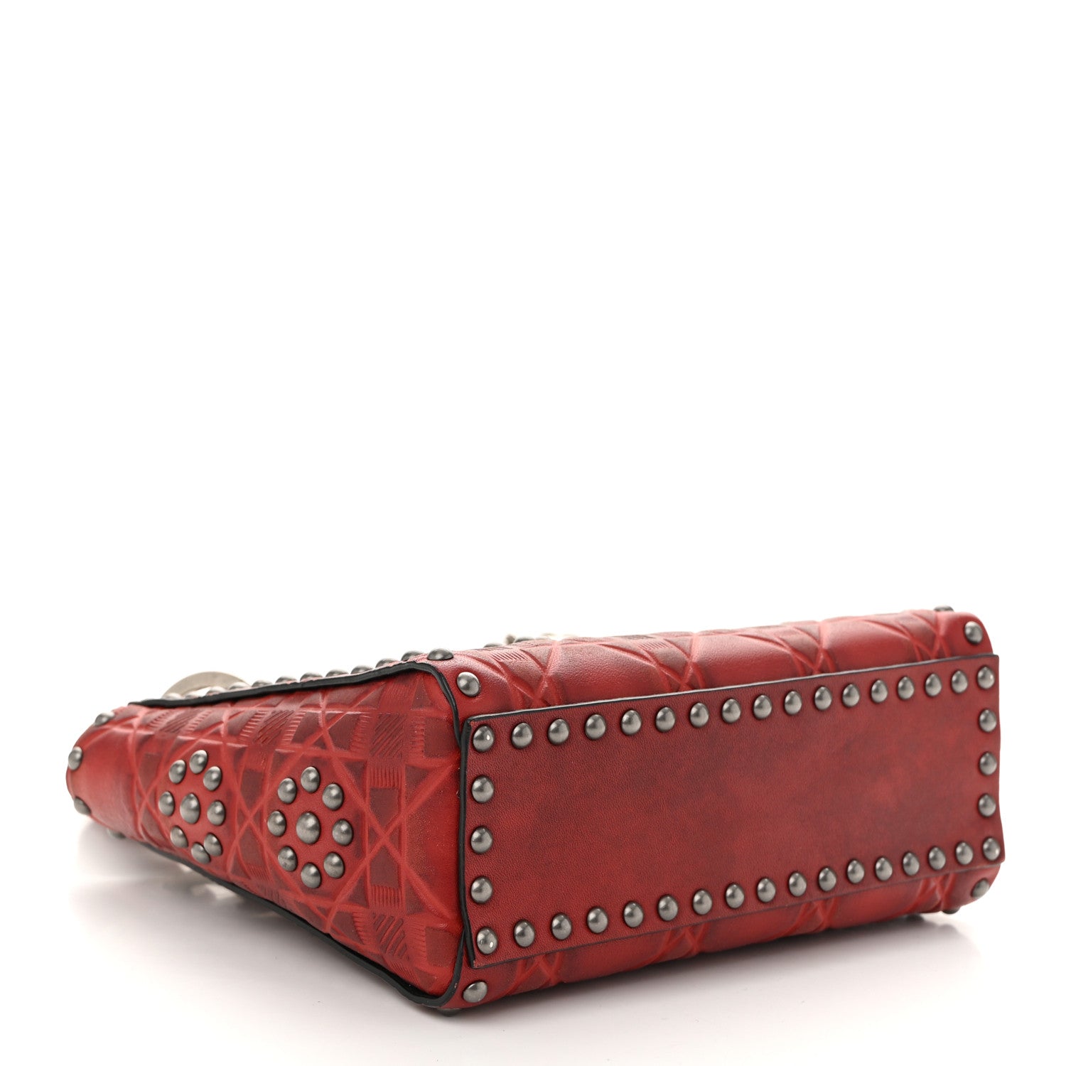 Calfskin Embossed Cannage Flower Studded Mini Lady Dior Bag Red