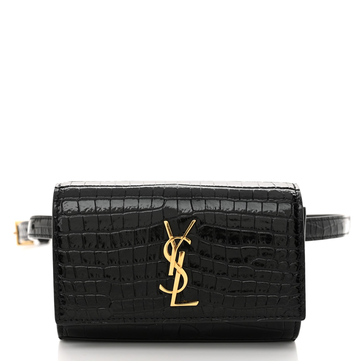 Calfskin Crocodile Embossed Monogram Kate Belt Bag Black