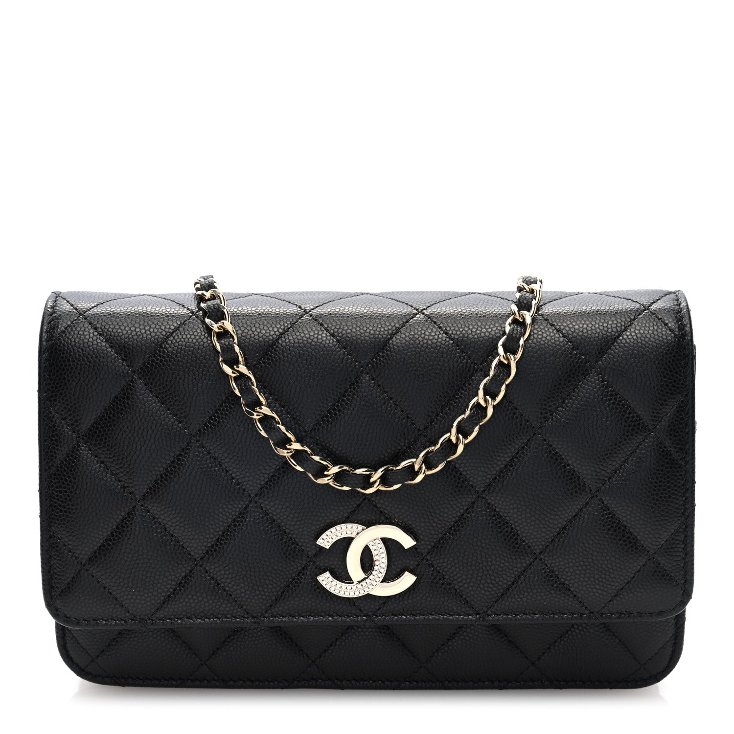 Caviar Quilted Crystal CC Wallet On Chain WOC Black