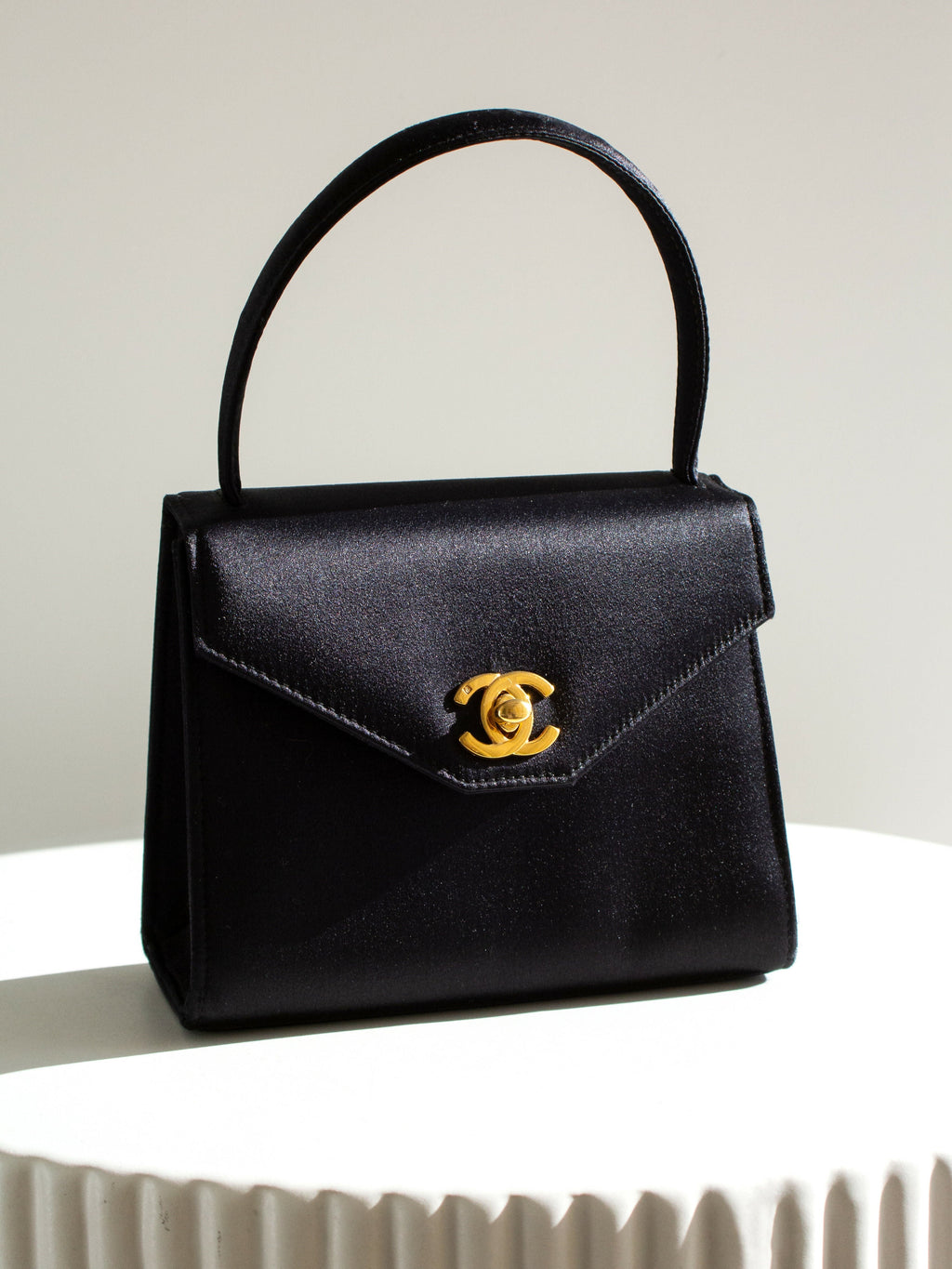 Chanel Vintage Kelly 1996 Black Satin 24K Gold Mini Evening Bag