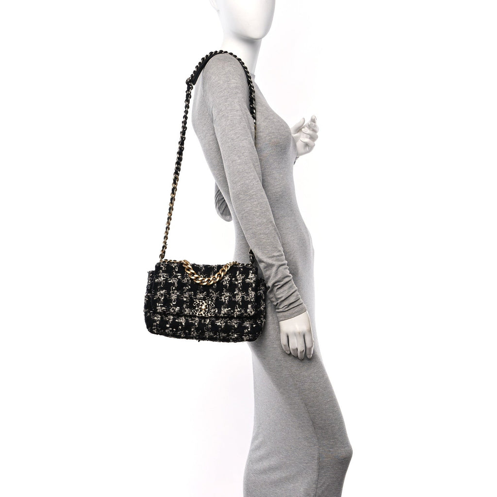 Tweed Quilted Medium Chanel 19 Flap Black Silver Ecru