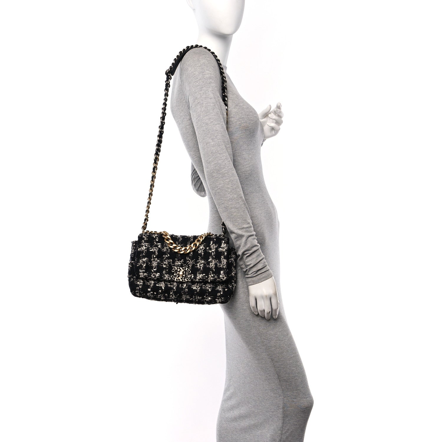 Tweed Quilted Medium Chanel 19 Flap Black Silver Ecru
