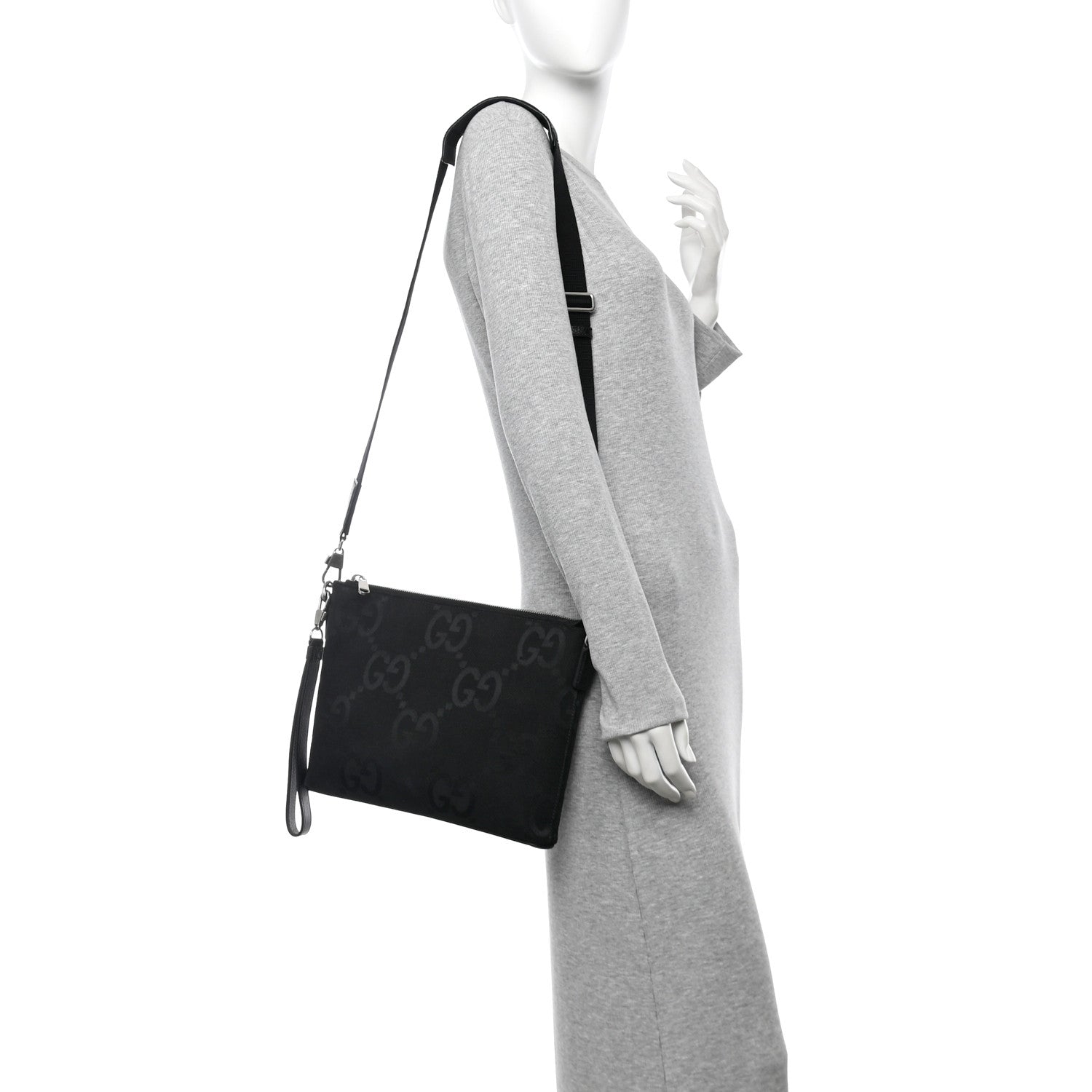 Monogram Jumbo GG Textured Dollar Calfskin Wristlet Messenger Bag Black