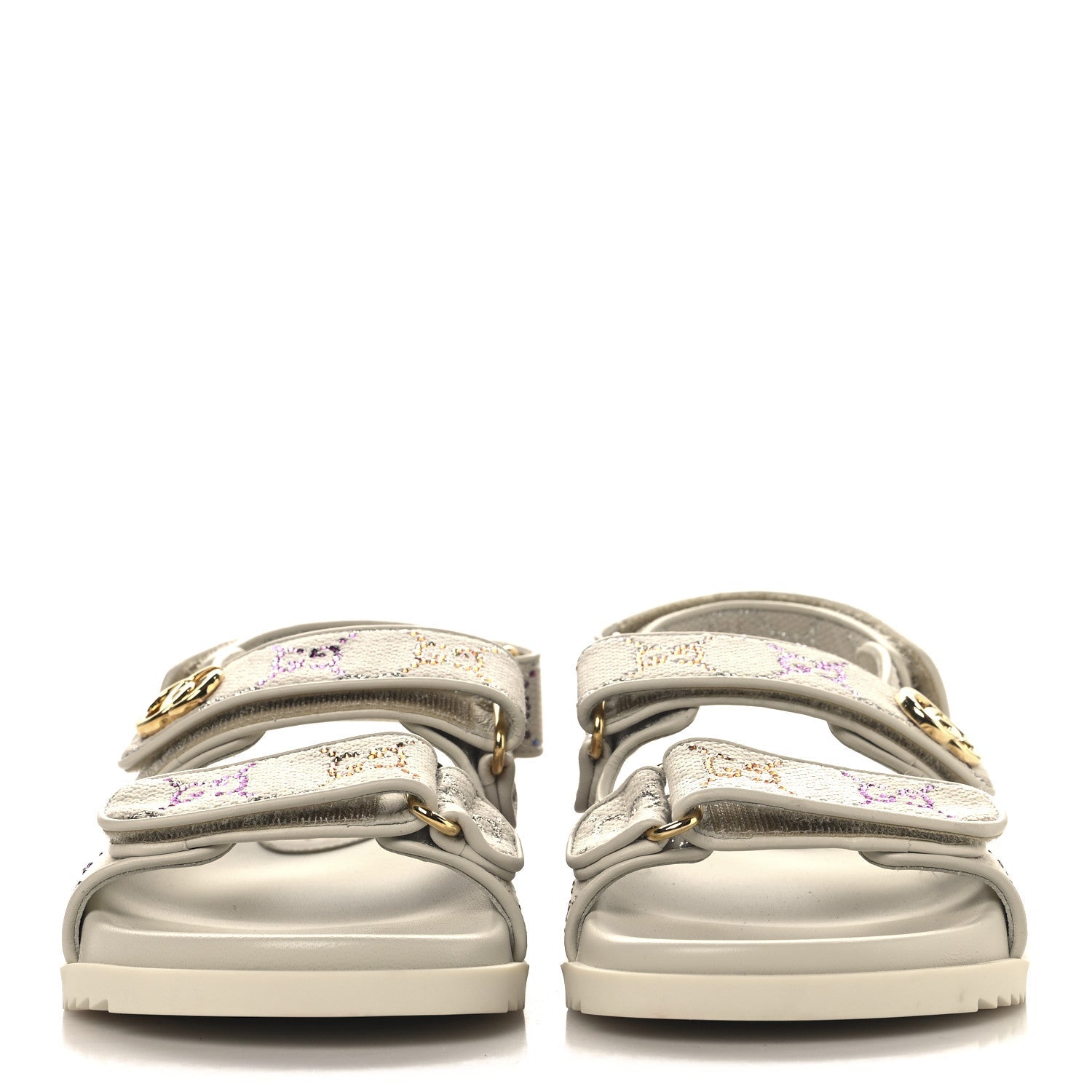 Canvas Lame Crystal GG Monogram Double G Womens Dad Sandals 37.5 Gardenia Silver Mystic White