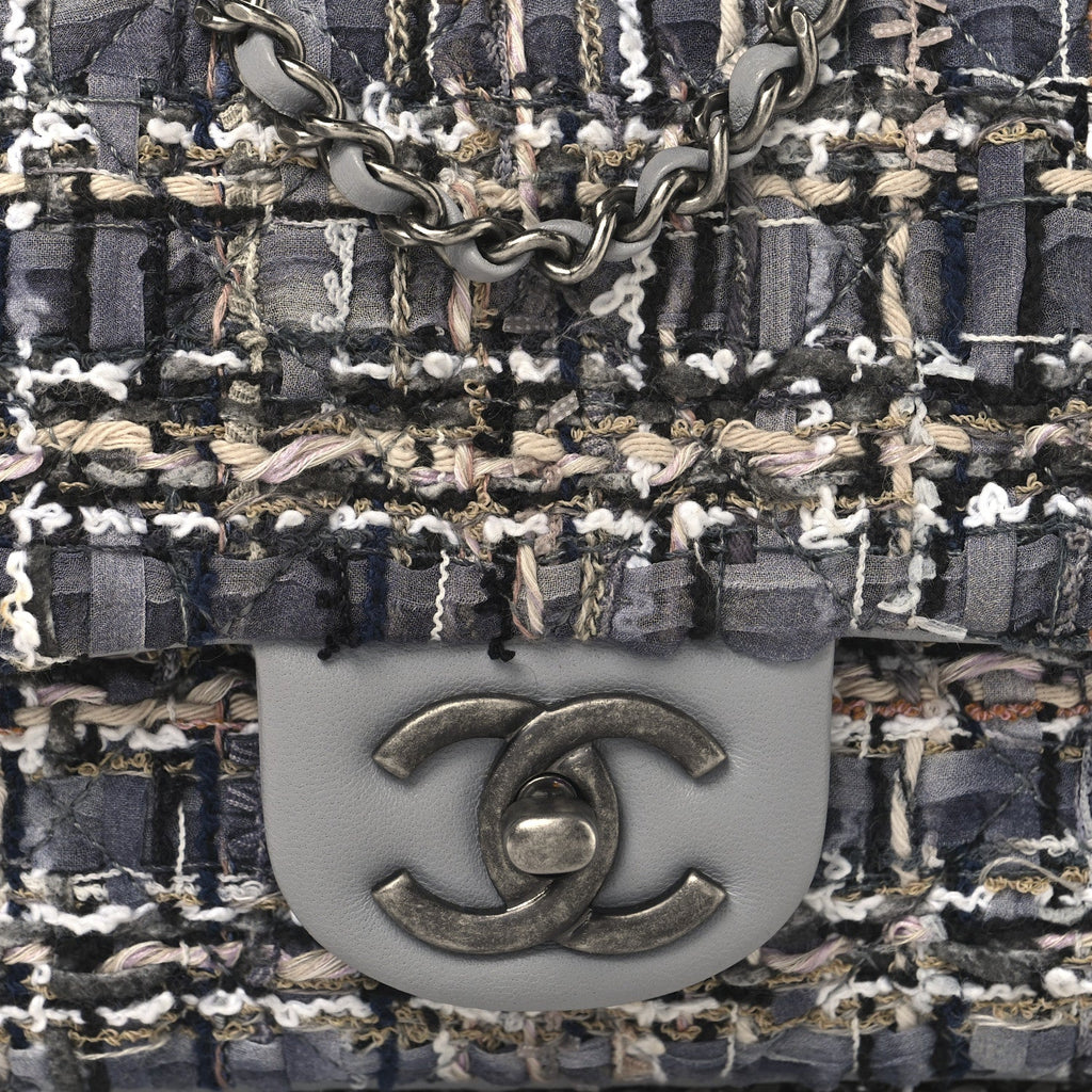 Tweed Quilted Mini Side Pearl Flap Bag Grey