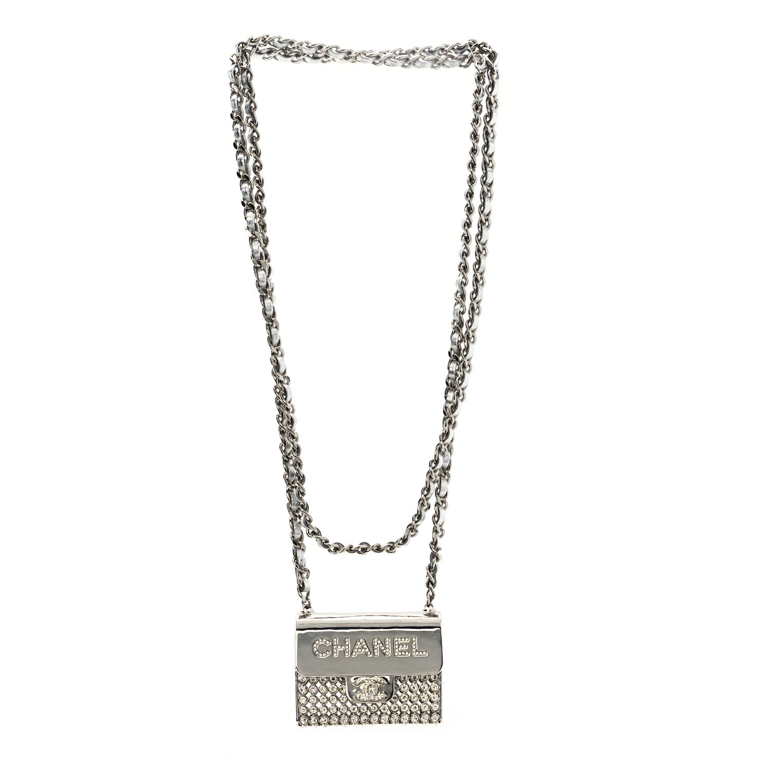 Metal Lambskin Strass Crystal Purse CC Long Necklace Silver