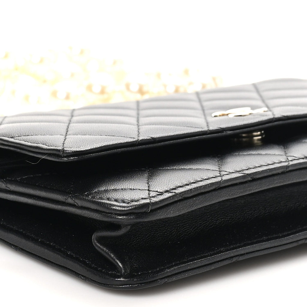 Lambskin Quilted Pearl Wallet On Chain WOC Black