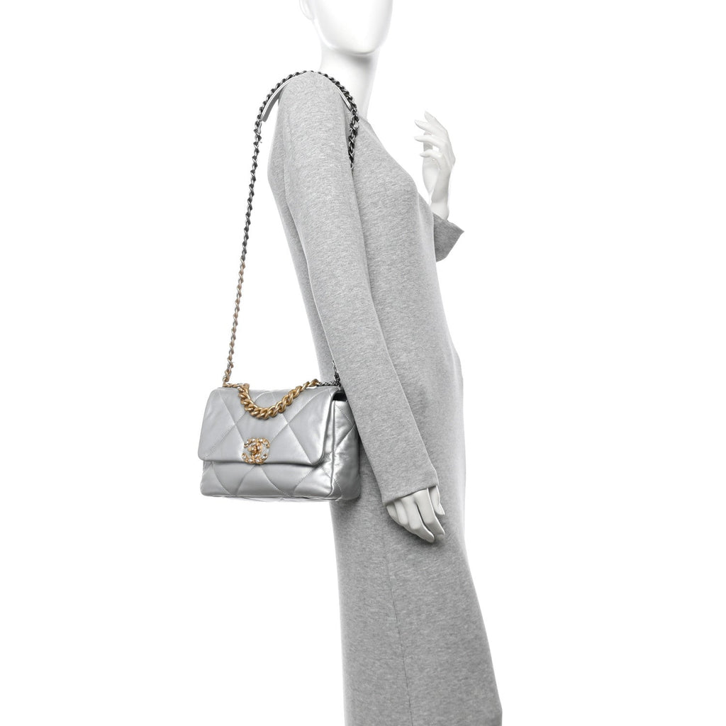 Metallic Lambskin Quilted Medium Chanel 19 Flap Silver