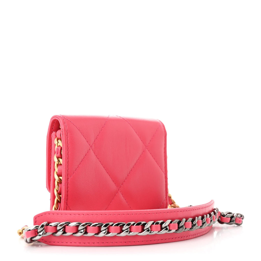 Lambskin Quilted Chanel 19 Flap Coin Purse With Chain Dark Pink
