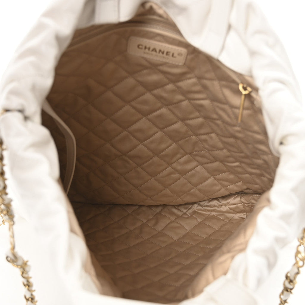 Shiny Calfskin Quilted Chanel 22 Backpack White