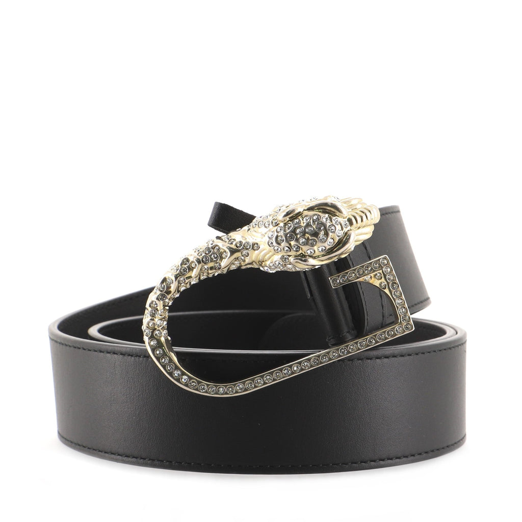 Tiger Head G Buckle Belt Leather with Crystal Embellished Metal Medium 85