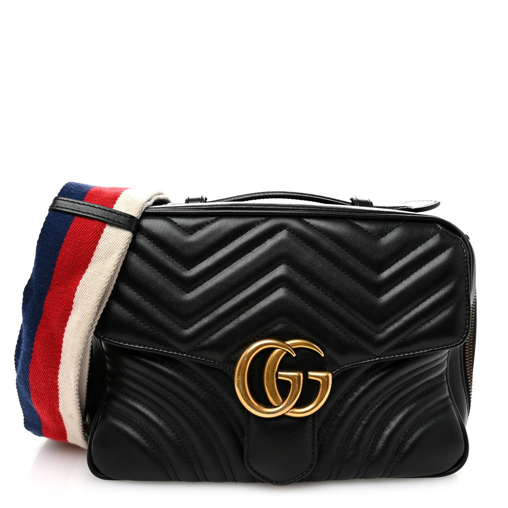Calfskin Matelasse Sylvie Web Small GG Marmont Top Handle Shoulder Bag Black