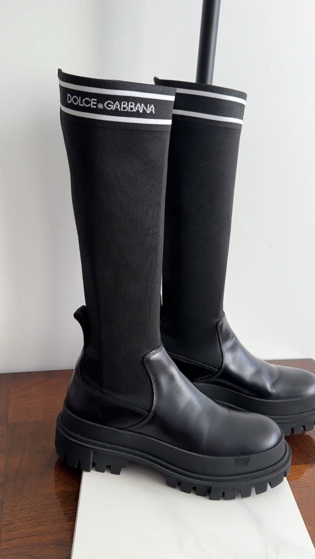 Dolce & Gabbana Black Lug Sole Tall Logo Sock Boot - 39