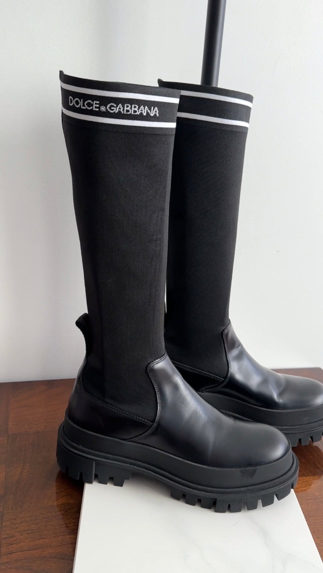 Dolce & Gabbana Black Lug Sole Tall Logo Sock Boot - 39