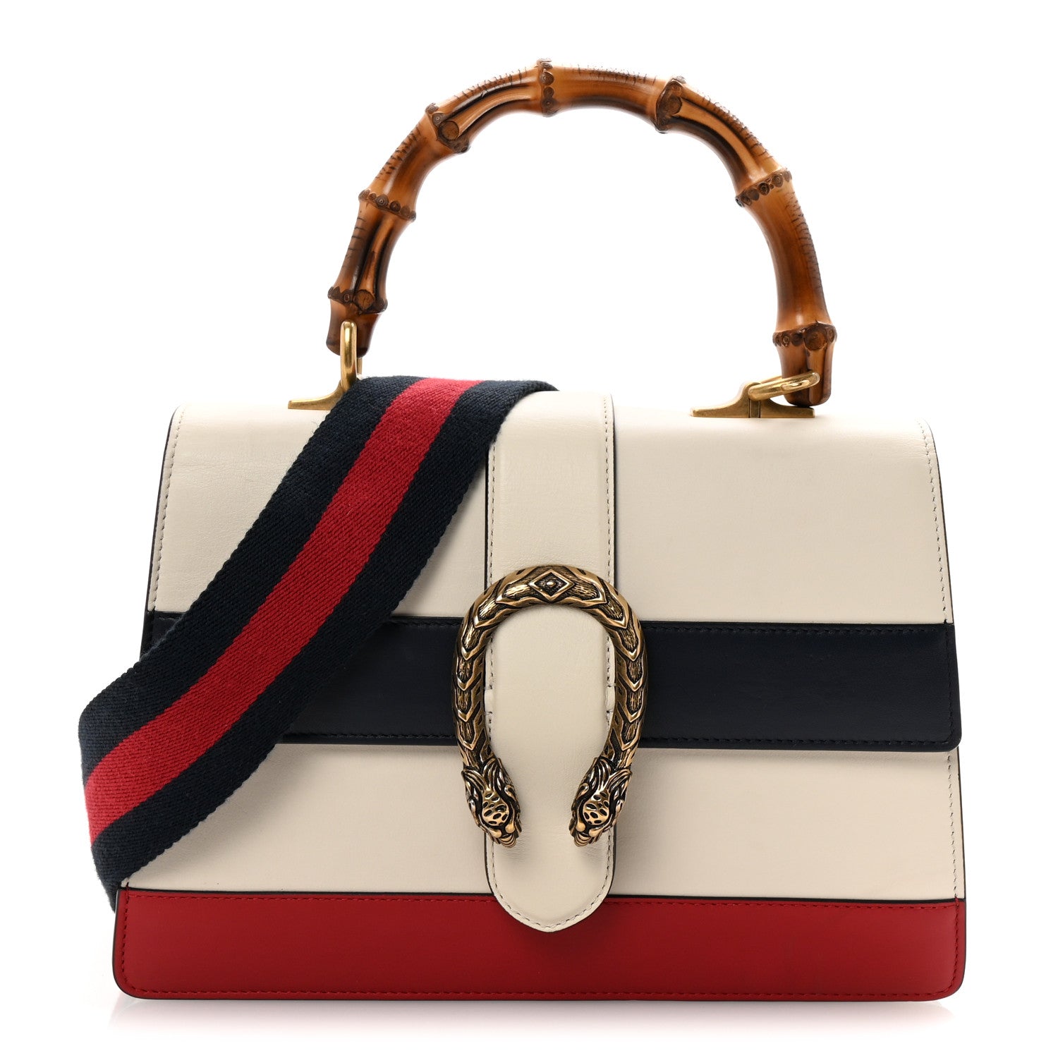 Calfskin Bamboo Web Medium Dionysus Top Handle Bag White Blue Hibiscus Red