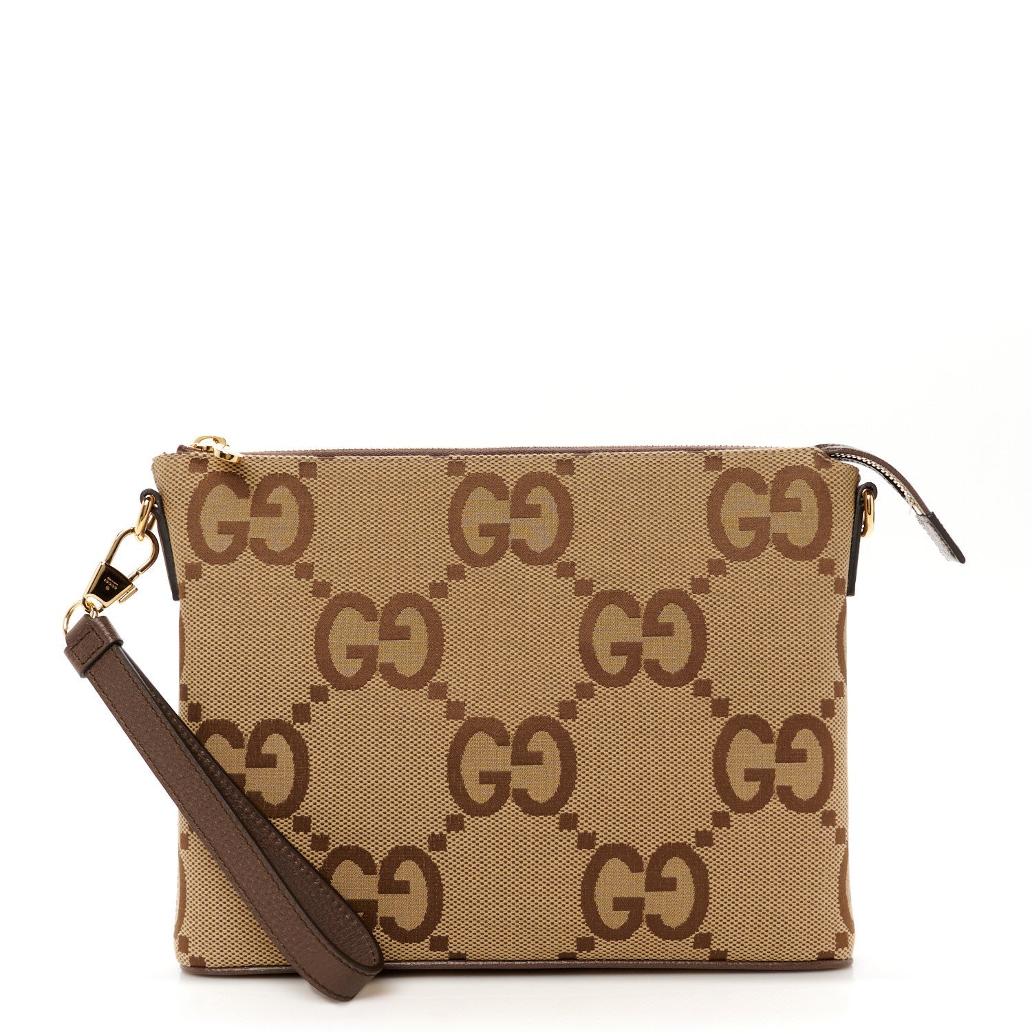 Monogram Jumbo GG Textured Dollar Calfskin Web Wristlet Messenger Bag Camel Ebony New Acero