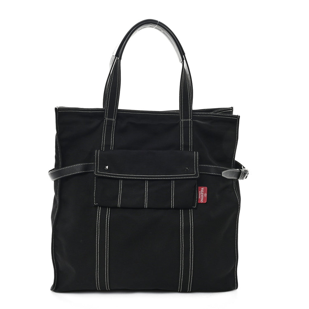 Canvas Calfskin Rockstud Large Tote  Black