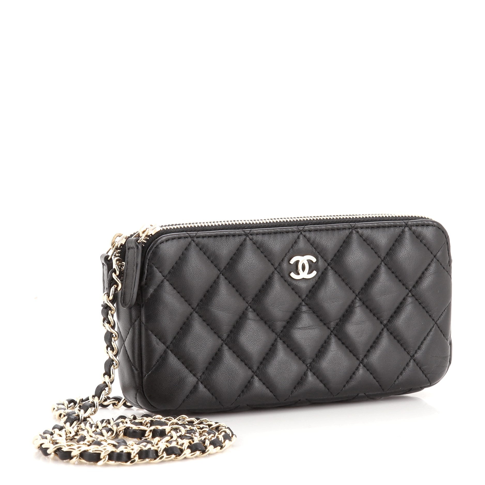 Double Zip Clutch with Chain Quilted Lambskin