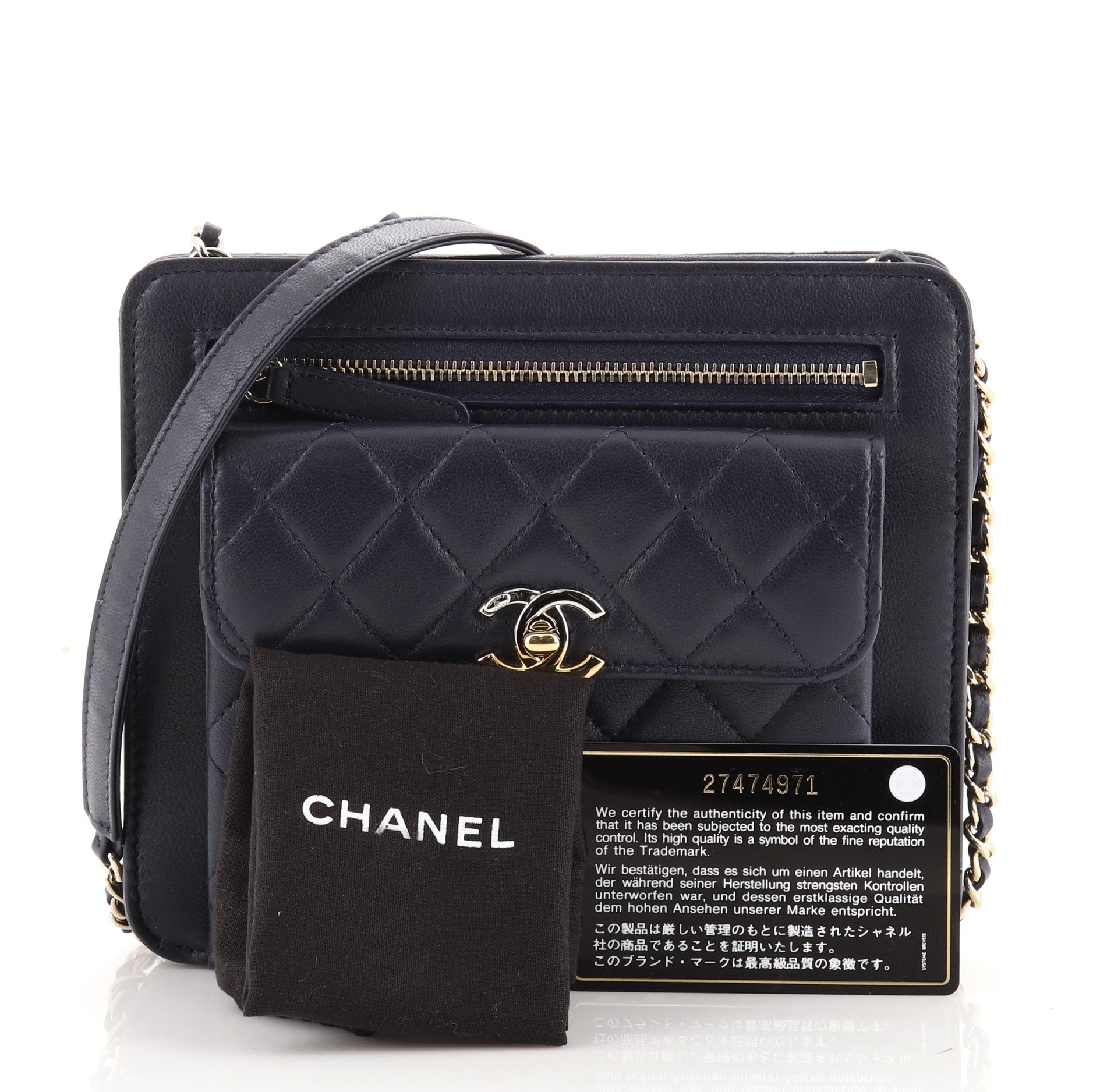 Trendy Front Pocket Clutch With Chain Quilted Lambskin Small