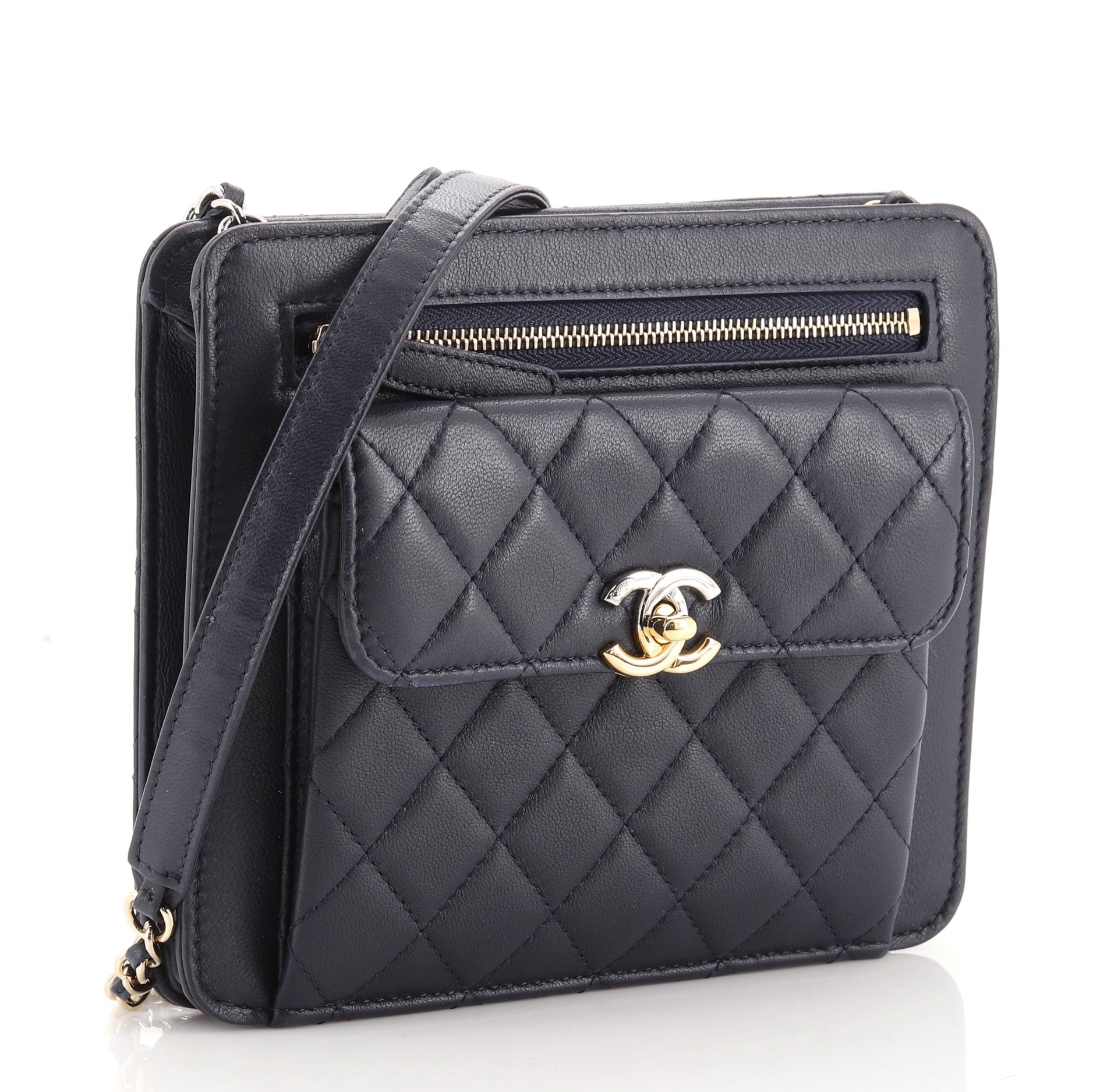 Trendy Front Pocket Clutch With Chain Quilted Lambskin Small