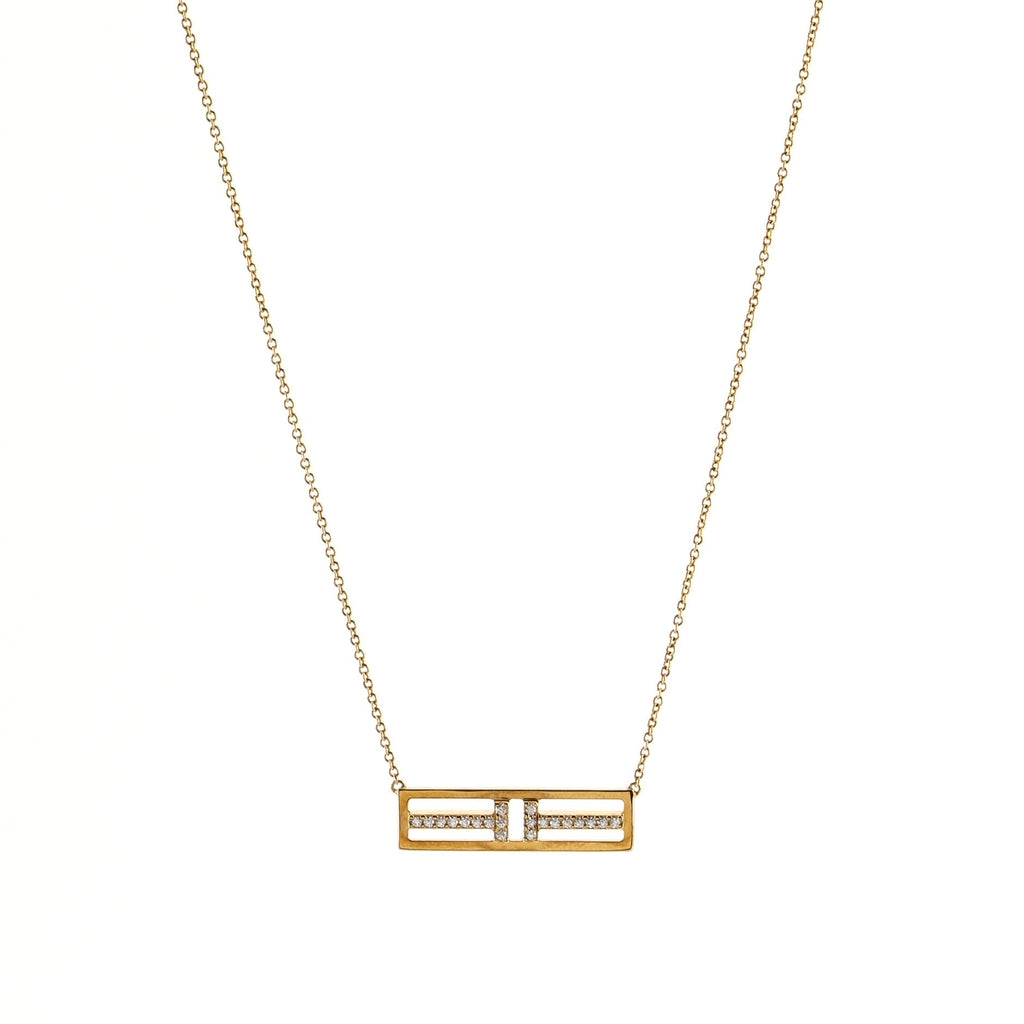 T Open Horizontal Bar Pendant Necklace 18K Yellow Gold with Diamond