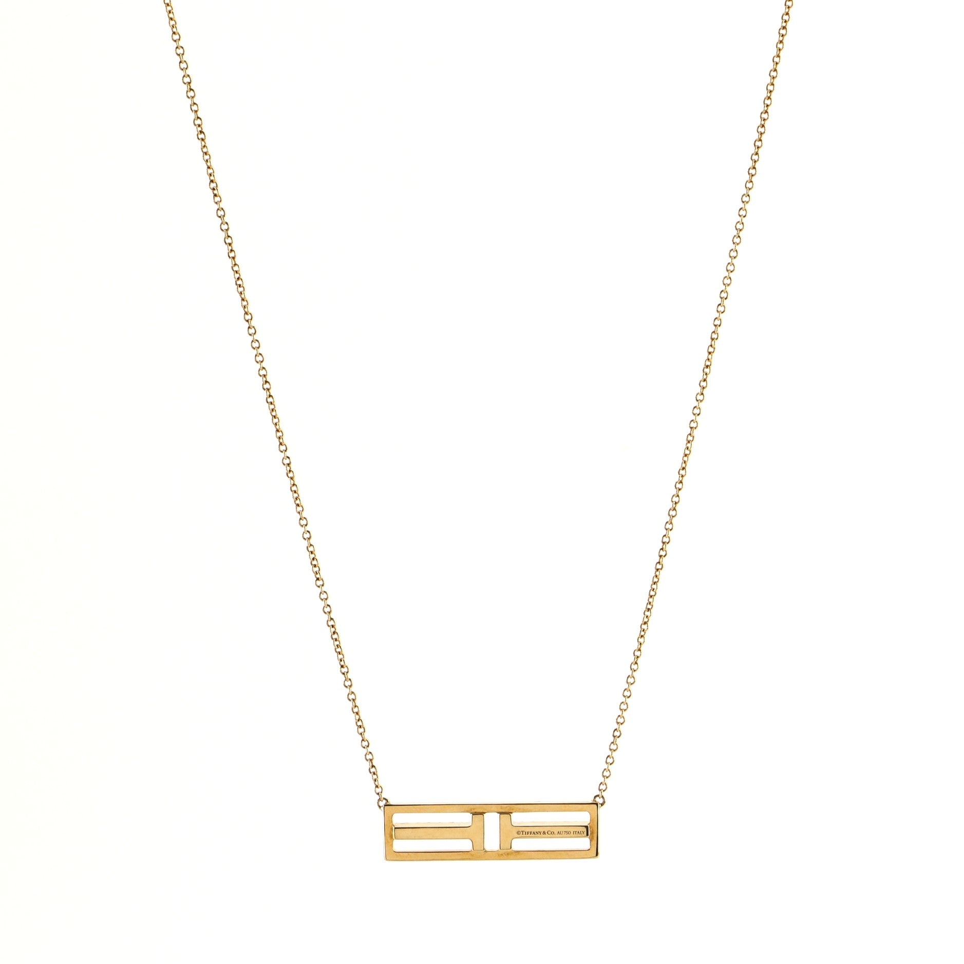 T Open Horizontal Bar Pendant Necklace 18K Yellow Gold with Diamond