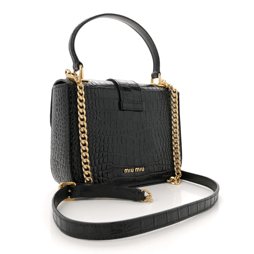 Crocodile Print Calfskin Top Handle Bag Black