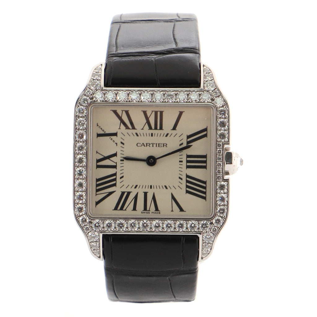 Santos Dumont Quartz Watch White Gold and Alligator with Diamond Bezel 39
