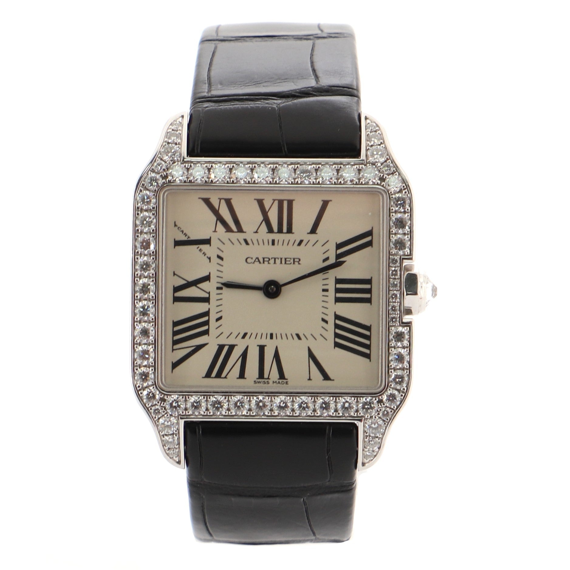 Santos Dumont Quartz Watch White Gold and Alligator with Diamond Bezel 39