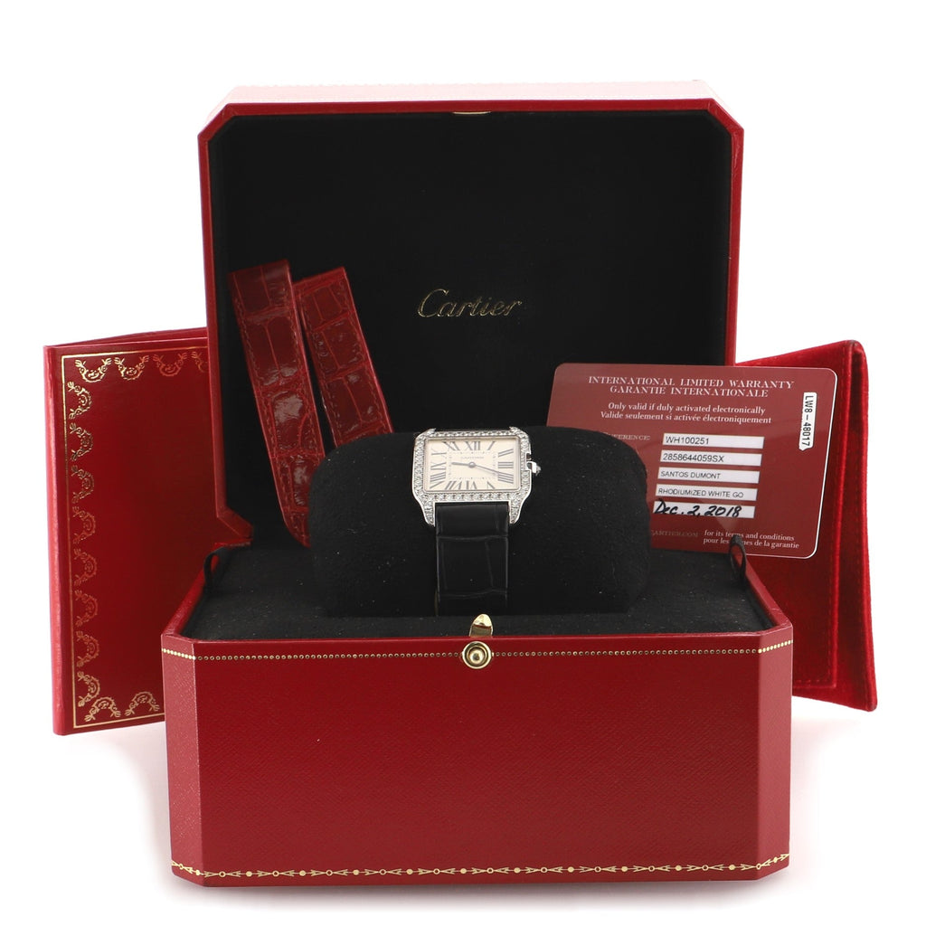 Santos Dumont Quartz Watch White Gold and Alligator with Diamond Bezel 39