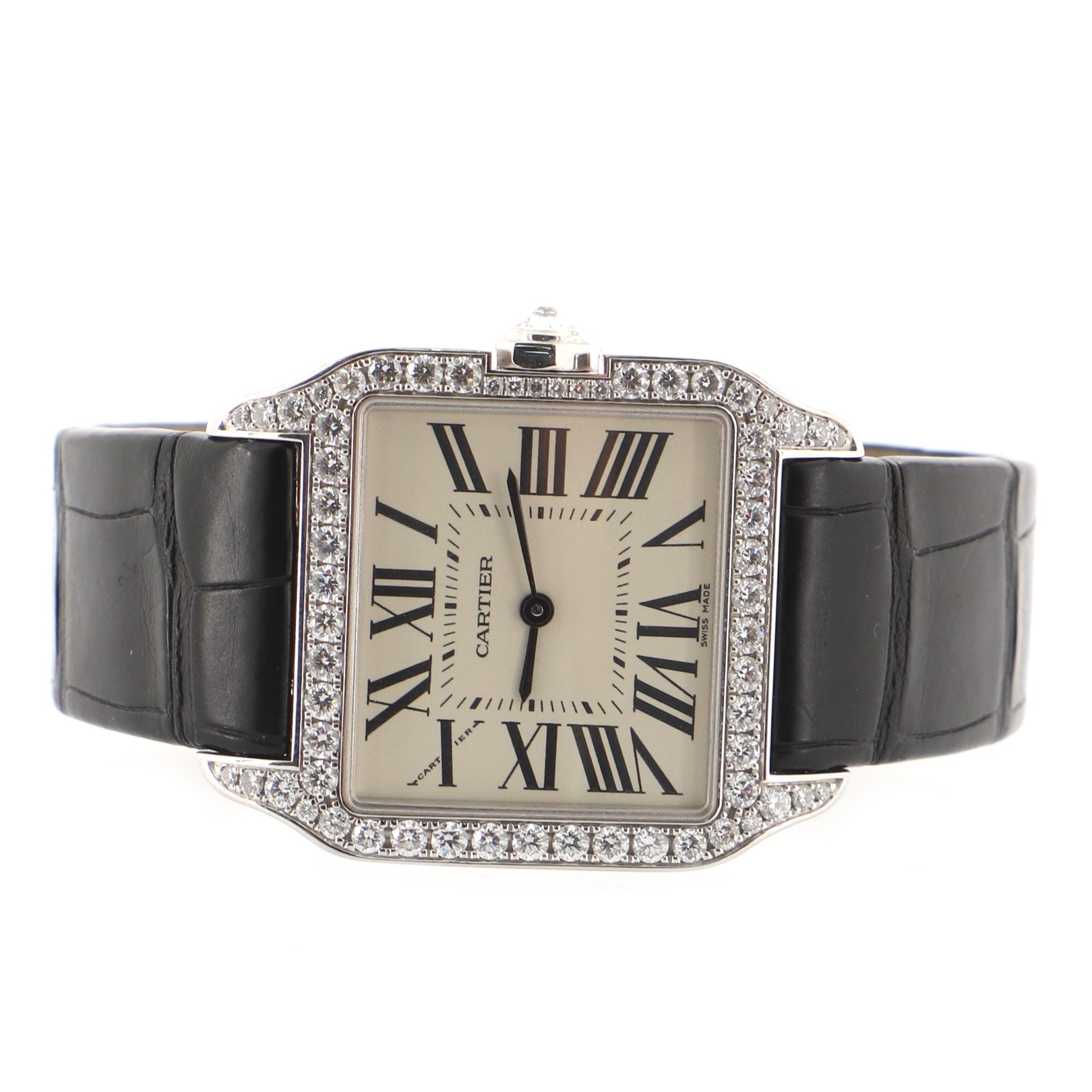 Santos Dumont Quartz Watch White Gold and Alligator with Diamond Bezel 39