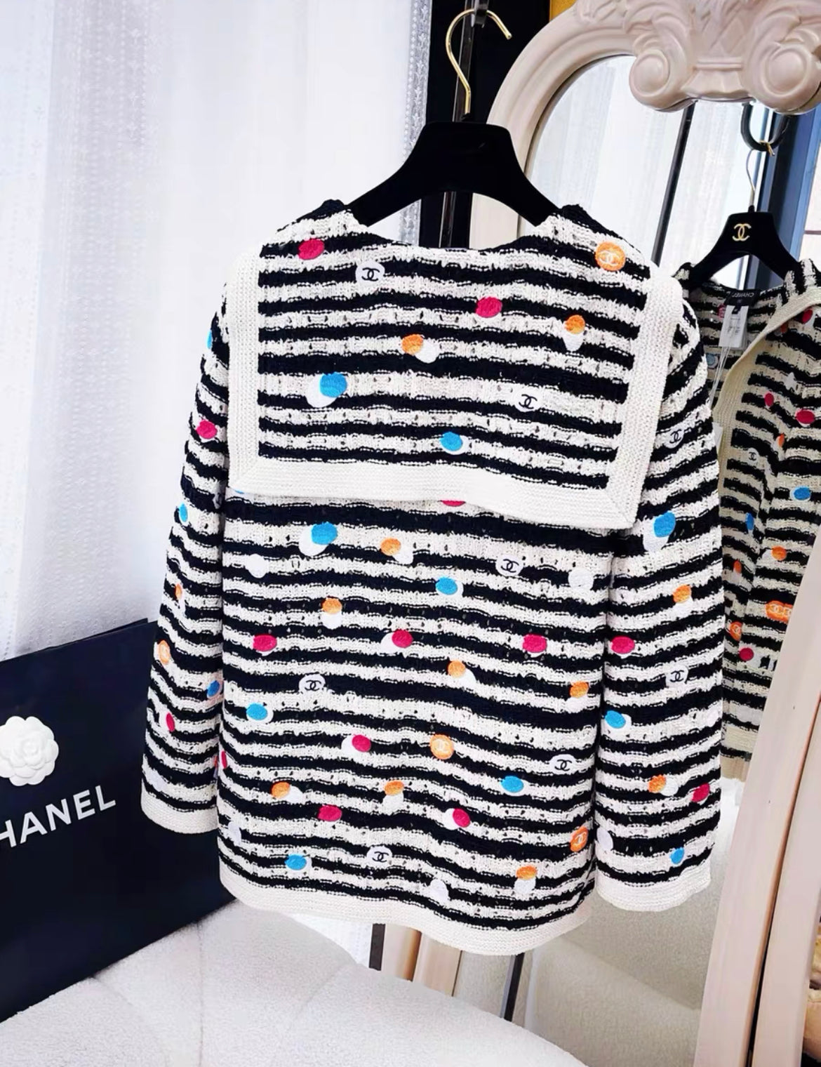 Chanel 24S black and white striped colorful polka dot navy collar knitted top size 36