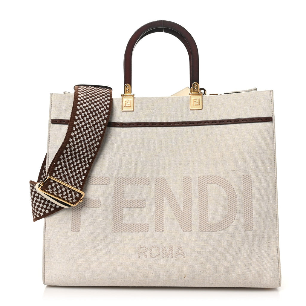 Canvas Vitello King Logo Embroidered Medium Fendi Sunshine Shopper Tote Grezzo Ghianda