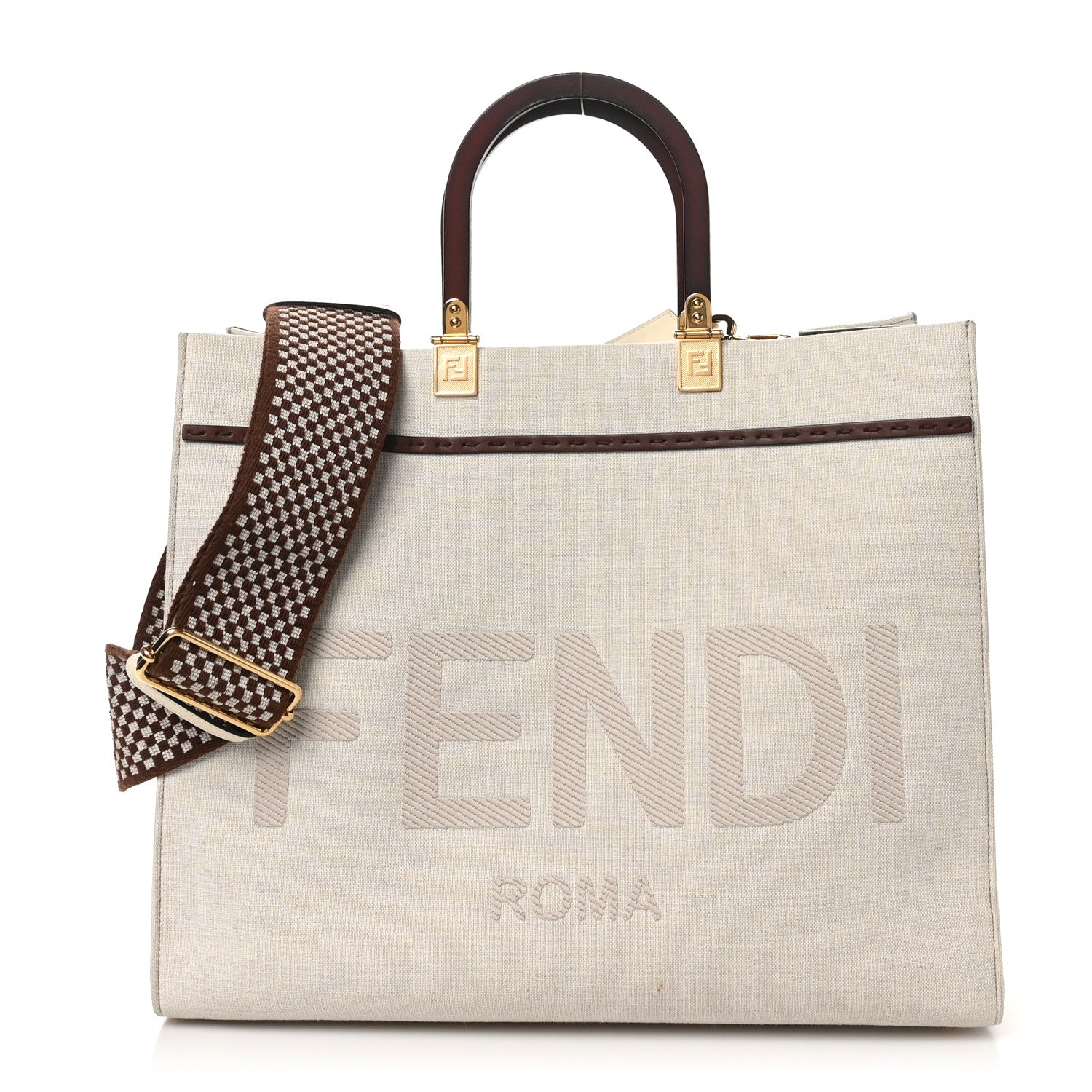 Canvas Vitello King Logo Embroidered Medium Fendi Sunshine Shopper Tote Grezzo Ghianda