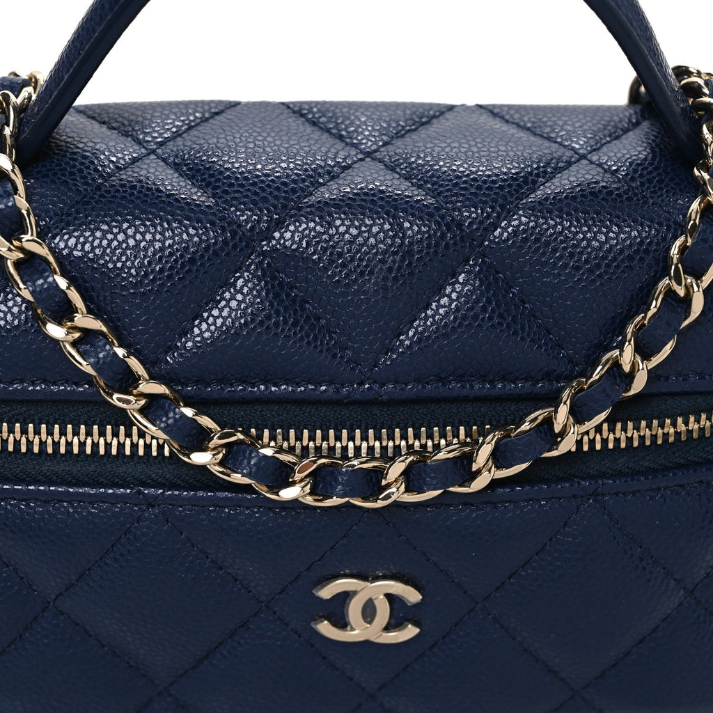 Caviar Quilted Top Handle Slim Vanity With Chain Navy