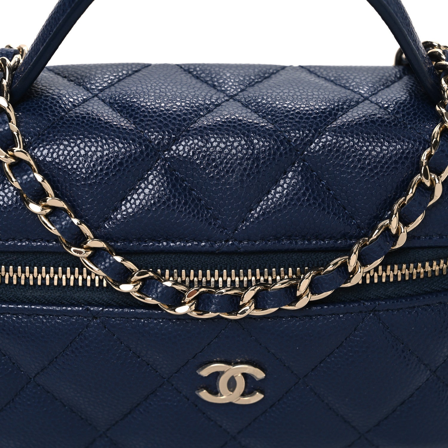 Caviar Quilted Top Handle Slim Vanity With Chain Navy