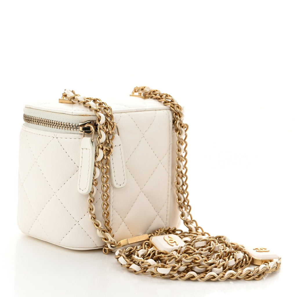 Lambskin Quilted Mini Vanity Case With Chain White