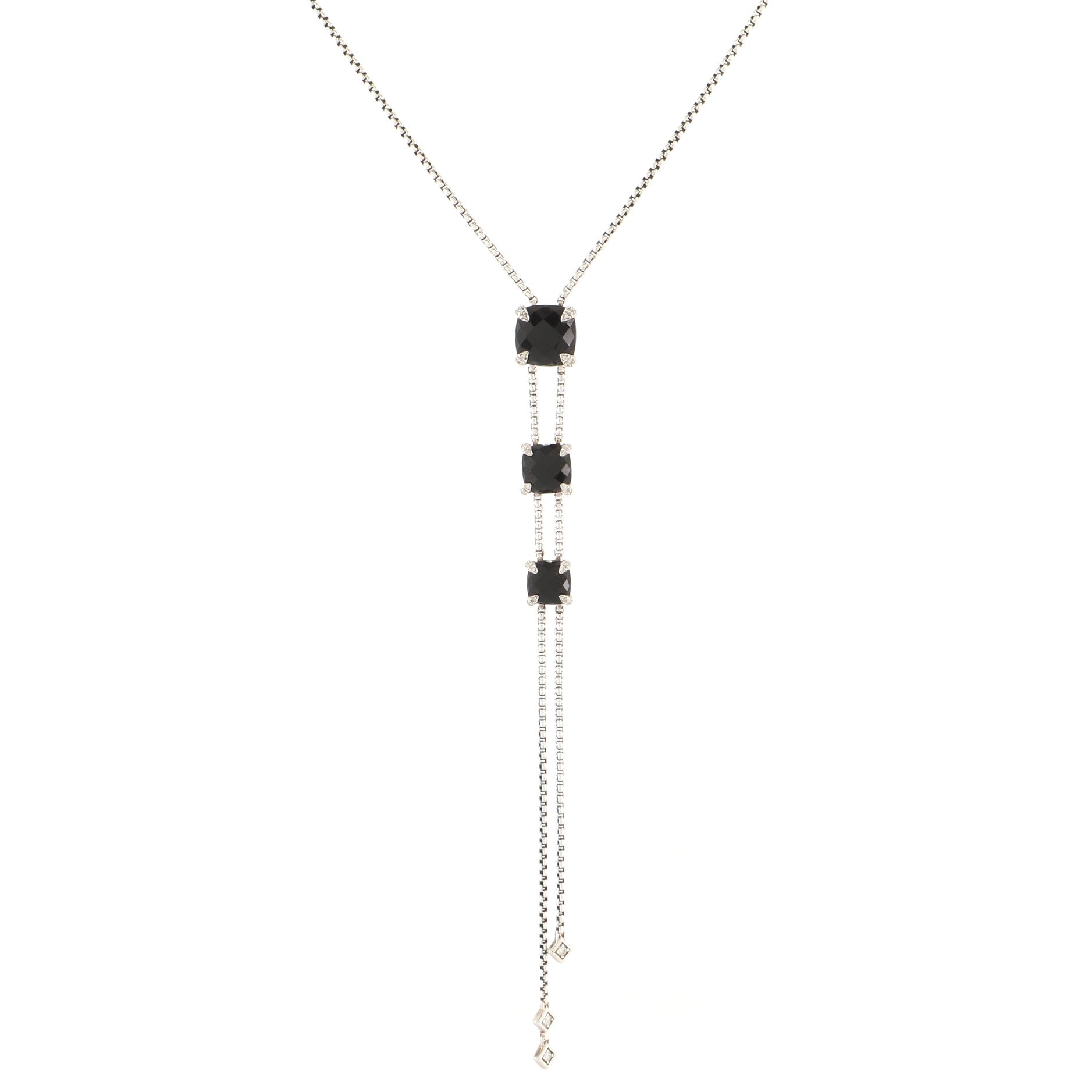 Chatelaine Lariat Necklace Sterling Silver with Onyx and Diamonds