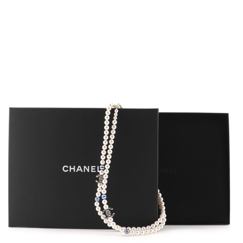 CC Double Strand Necklace Faux Printed Pearls with Metal