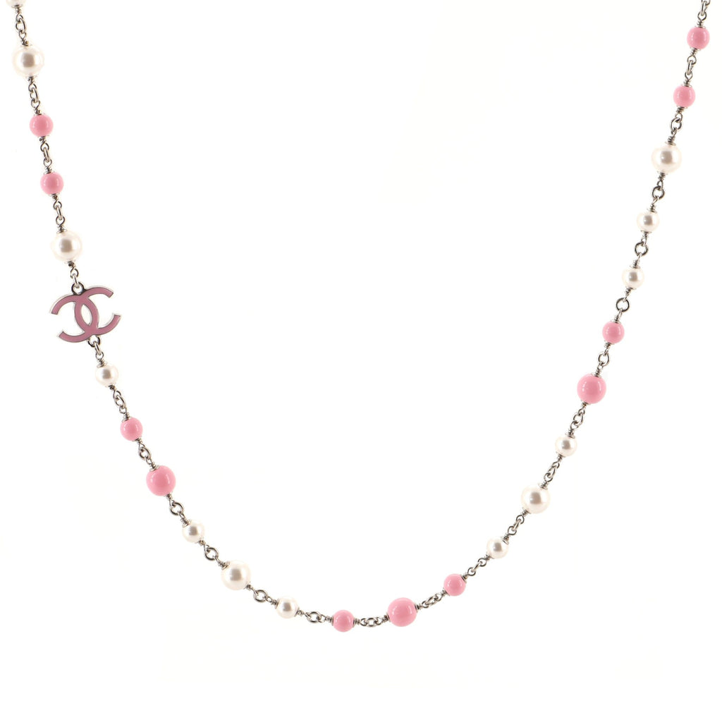 CC Long Necklace Faux Pearls and Beads with Enamel